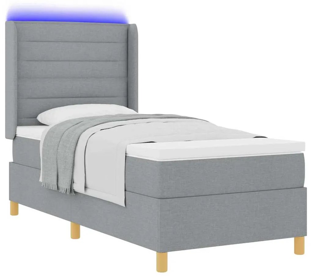 Cama Box com Colchão e Luz LED Cinza Claro 90x190 cm em Tecido