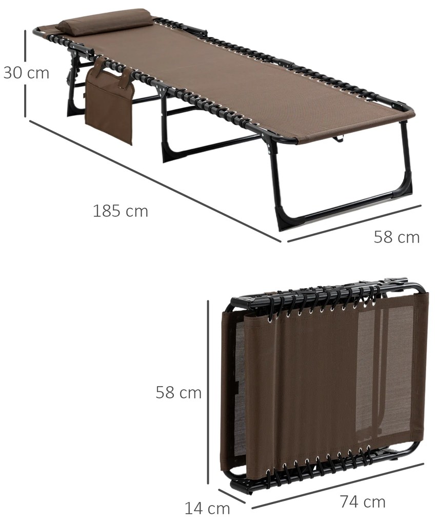 Espreguiçadeira Dobrável de Jardim com Encosto Ajustável Apoio para Cabeça Acolchoado Bolso Lateral 185x58x30 cm Castanho