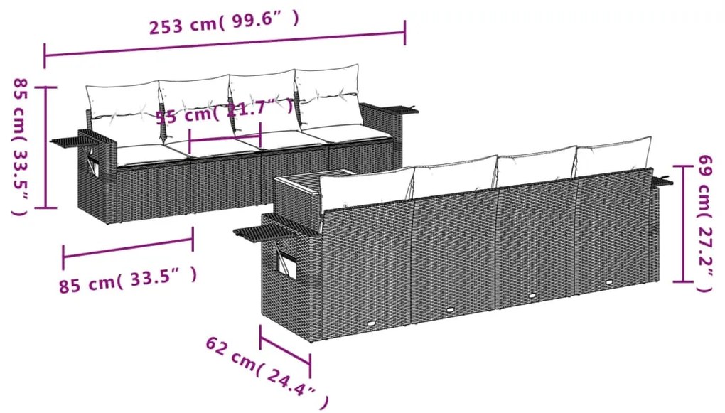 9 pcs conjunto de sofás p/ jardim com almofadões vime PE bege