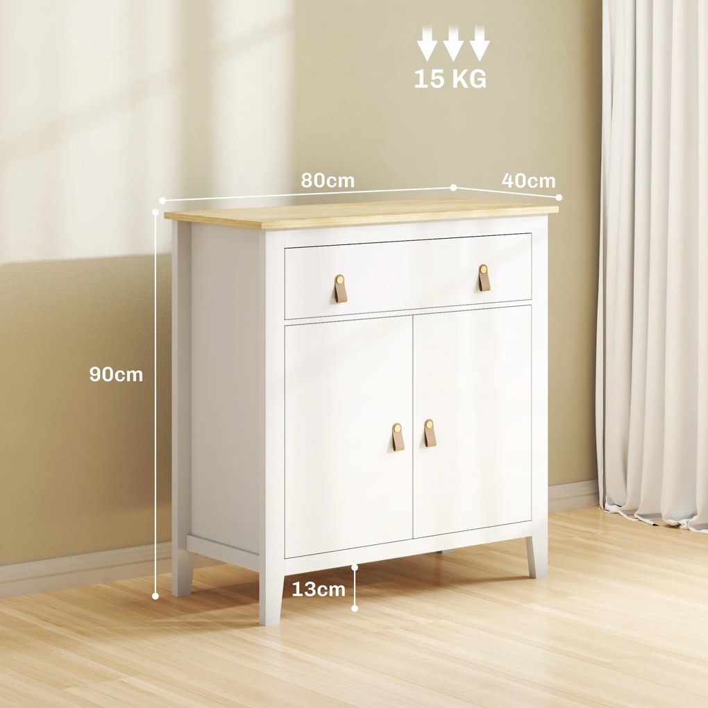 Aparador Sala de Estar Moderno com Gaveta Prateleira Ajustável e Puxadores em PU 80x40x90 cm Branco e Madeira