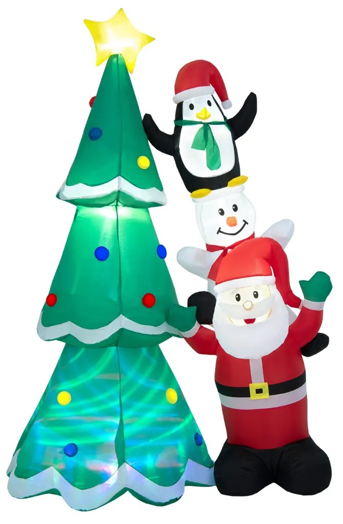 Árvore de Natal Insuflável com o Pai Natal Homem de Neve e Pinguim Decoração de Férias Insuflável com Iluminação Multicolor