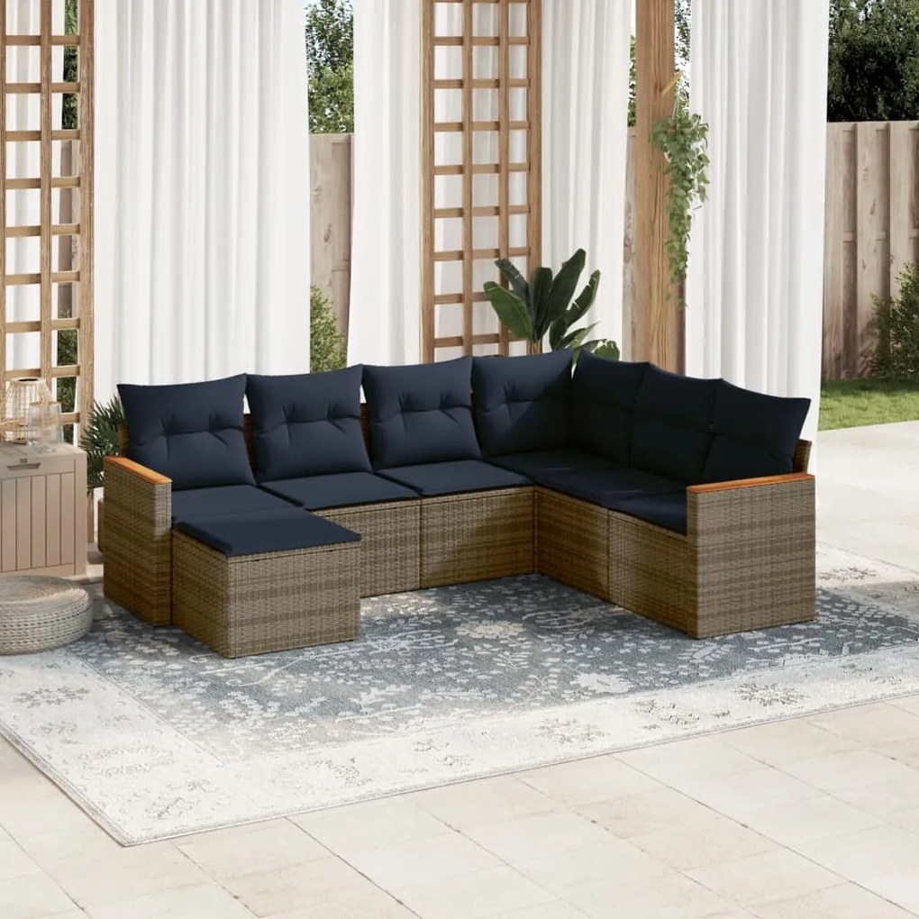 vidaXL 7 pcs conjunto sofás p/ jardim c/ almofadões vime PE cinzento