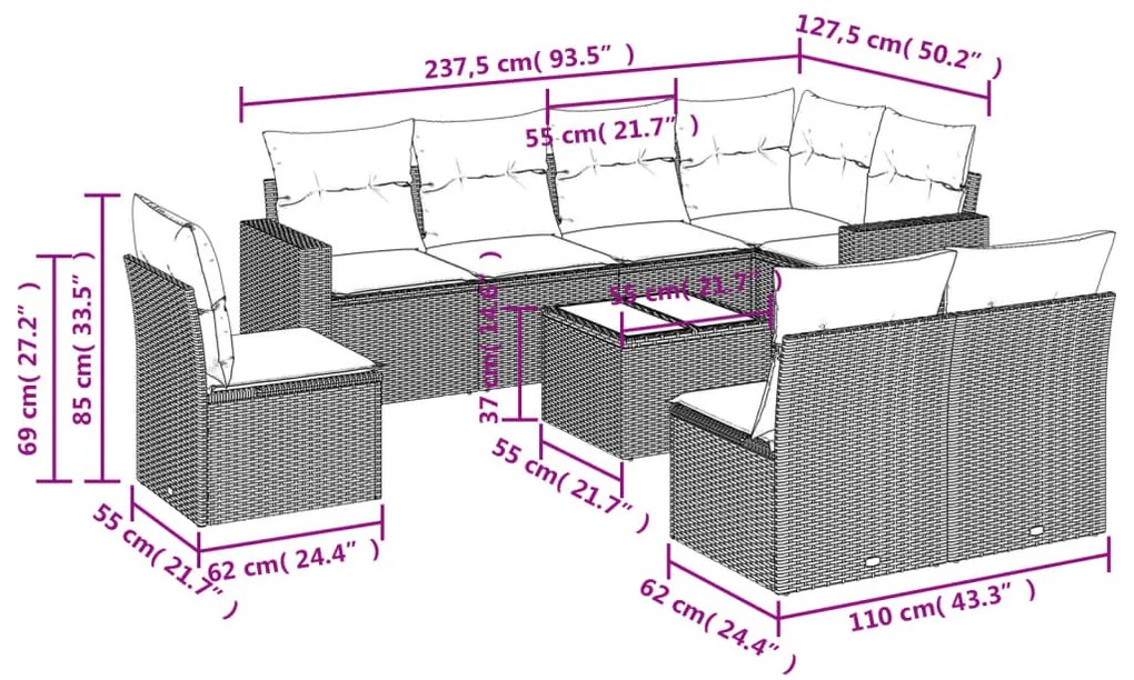 9 pcs conj. sofás jardim com almofadões vime PE cinzento-claro