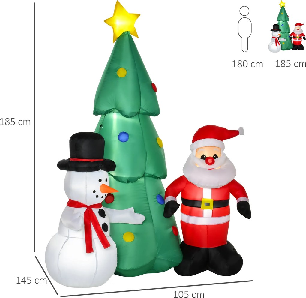 Árvore de Natal Inflável 185cm com Luzes LED Pai Natal e Boneco de Nev