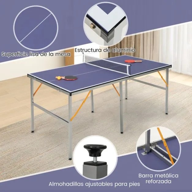 Conjunto de mesa Mesa de pingue-pongue crianças 180 x 90 x 76 cm dobrável com rede 2 raquetes 3 bolas Mesa portátil para uso interior e exterior Azul