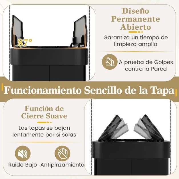 Caixote do lixo 41 x 26,5 x 66 cm de 60 L com tampas basculantes automático com sensor de movimento por infravermelhos preto