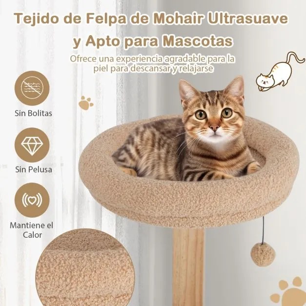 Arranhador para gatos de 4 camadas com 129 cm de altura e poste de madeira maciça natural