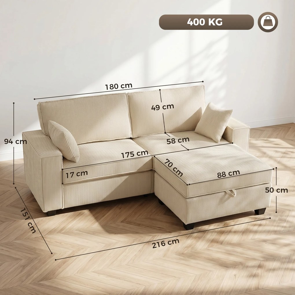 Sofá de 3 lugares 216x 151 x 94 cm com pufe com espaço de arrumação, sofá de canto em veludo canelado, assento largo, 2 almofadas, bege