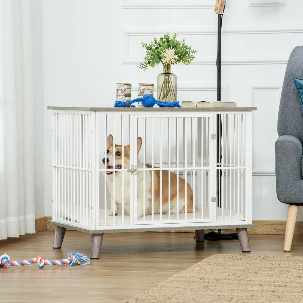 Gaiola para Cães de Madeira 86x60x70cm Gaiola para Cães com Bancada de Armazenamento Porta com Trave Pés Elevados Grade de Aço Branca