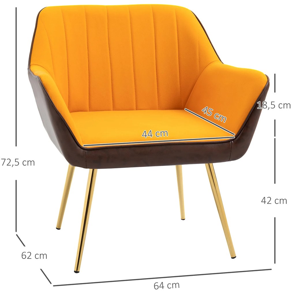 Poltrona de Sala de Estar Estofada em Couro Sintético e Veludo com Apoios para os Braços Pés Dourados 64x62x72,5 cm Amarelo