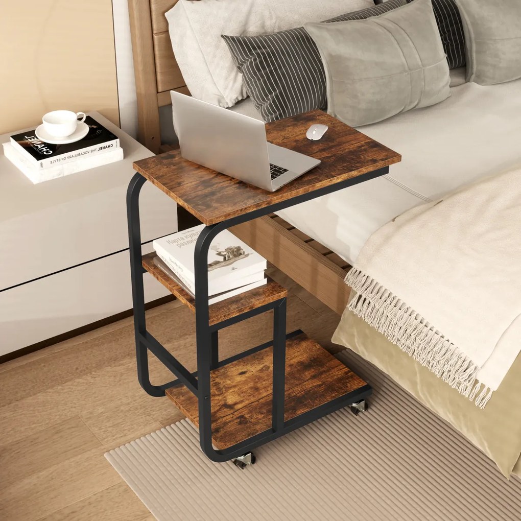 Mesa apoio em forma de C para sofá 53 x 30 x 70 cm com prateleiras abertas Mesa lateral industrial com rodas Castanho