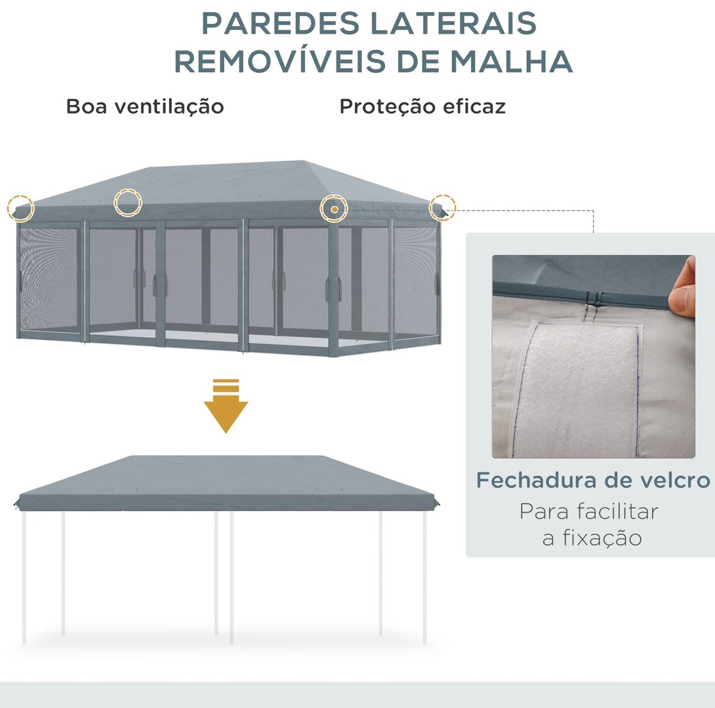 Tenda Dobrável 585x295x270 cm Tenda de Jardim com 6 Mosquiteiros Bolsa de Transporte e Estrutura de Aço Cinza