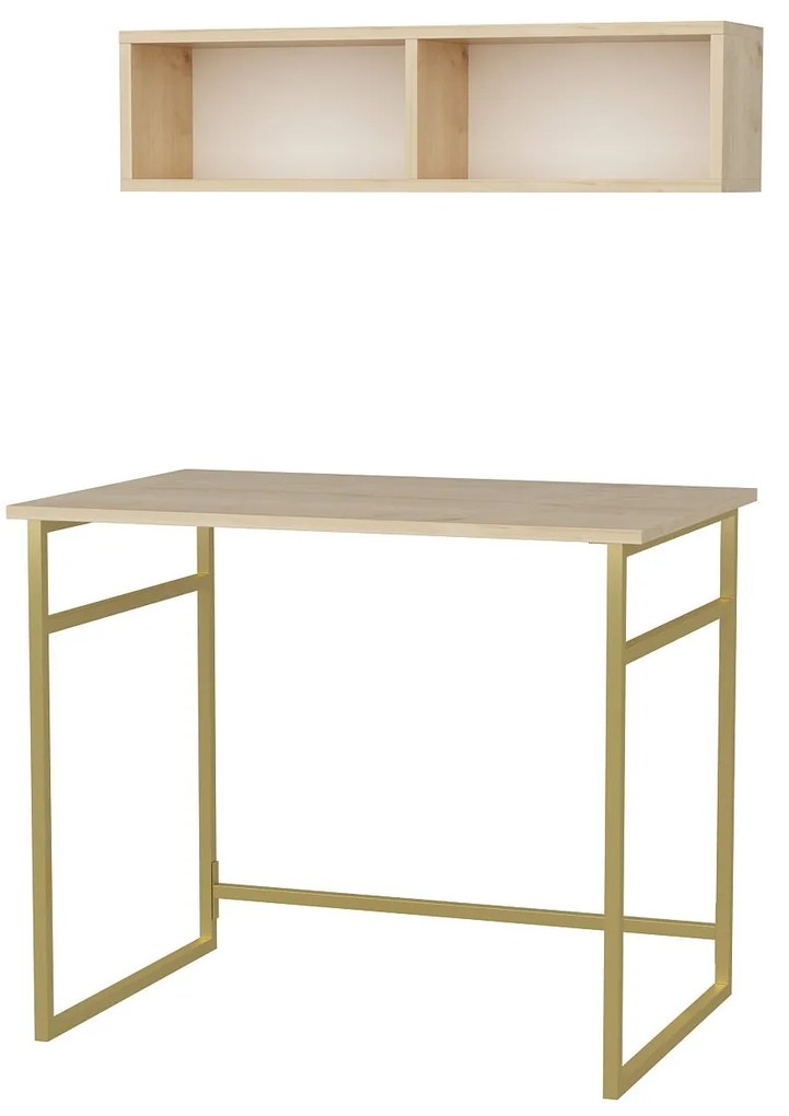 Secretária de Estudo Hussum - Dourado e Carvalho - 90x60x75 cm