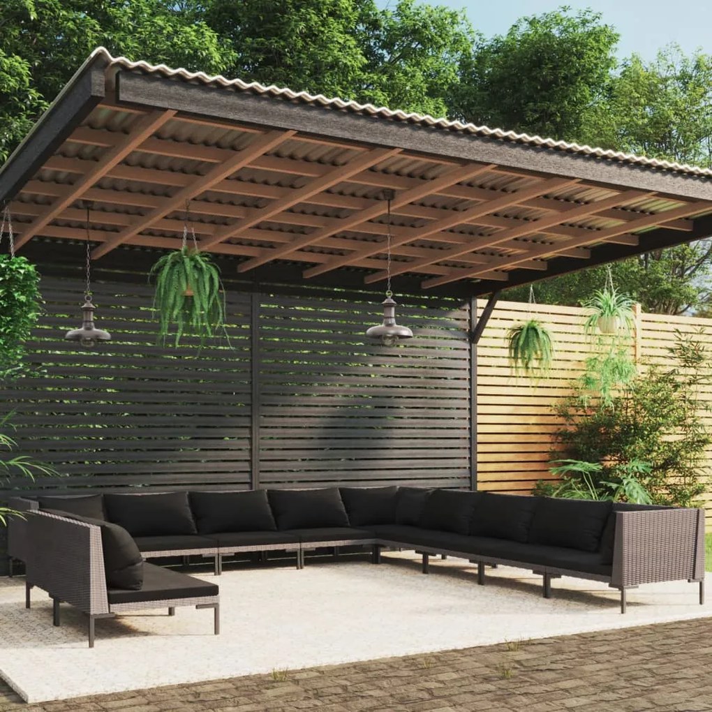 vidaXL 11 pcs conj. lounge jardim c/ almofadões vime PE cinza-escuro