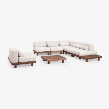 Conjunto De Jardim Com Sofá Modular De Canto De 5 Peças Com Mesas Auxiliares E De Centro E Poltrona Em Acácia Edrien Castanho Acácia - Sklum