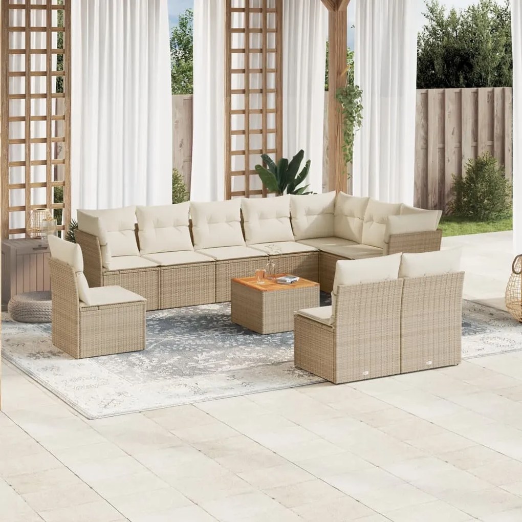 11 pcs conjunto sofás de jardim c/ almofadões vime PE bege