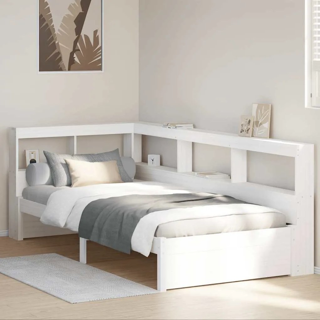 vidaXL Cama com estante sem colchão 90x200 cm pinho maciço branco