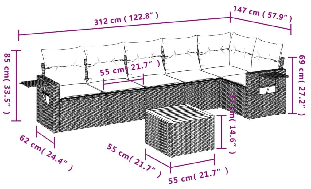 7 pcs conjunto de sofás p/ jardim c/ almofadões vime PE preto