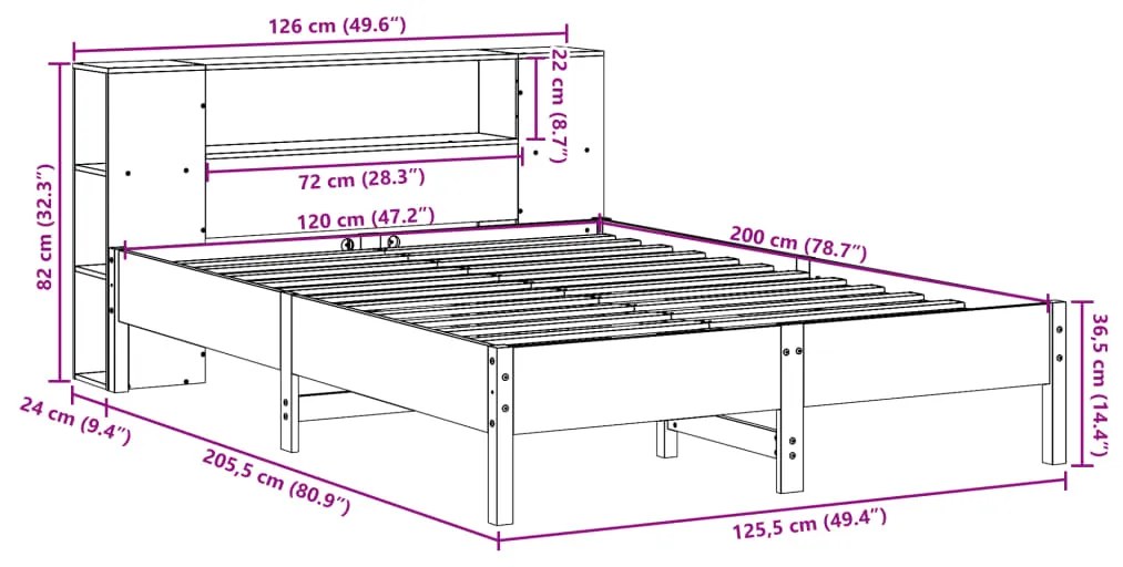 Cama com estante sem colchão 120x200 cm pinho maciço branco