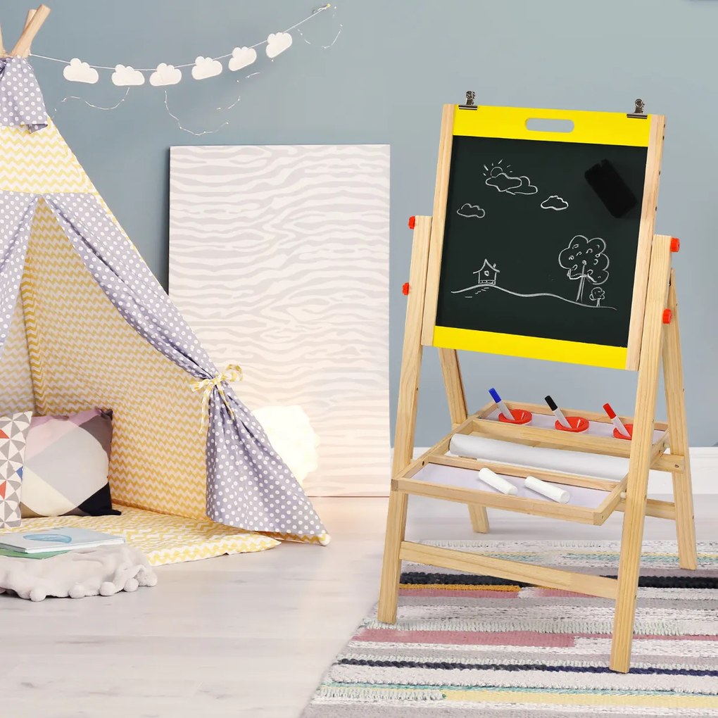 Quadro infantil 3 em 1 de madeira dobrável para crianças Pinturas em madeira Dupla Altura Ajustável com Apagador 3 Copos de Pintura Amarelo
