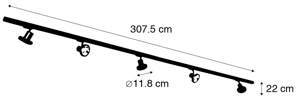 Sistema de iluminação de trilho trifásico moderno com 5 focos pretos GU10 111 mm à esquerda - Trifásico Jeany