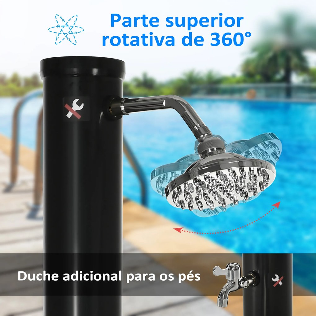 Duche Solar de Jardim 20L Duche de Exterior com Cabeça Redonda Torneira de Água Quente Máximo 60℃ 15,5x15,5x222 cm Preto