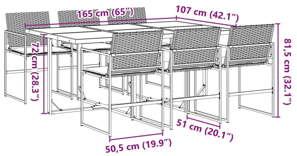 7 pcs conjunto de jantar p/ jardim c/ almofadões vime PE preto