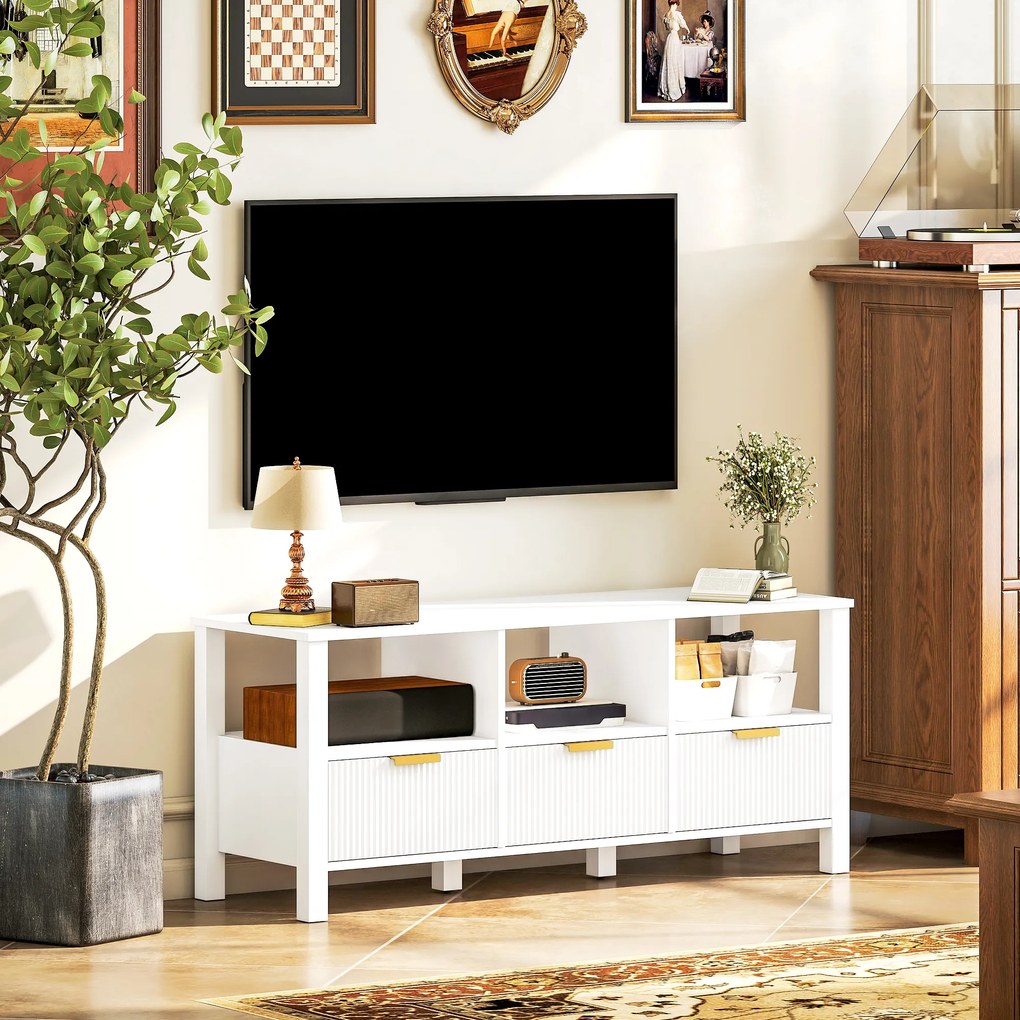 Móvel de TV Moderno com 3 Gavetas e 3 Prateleiras Abertas para Televisores de 43-55 Polegadas 120x39,5x50 cm Branco