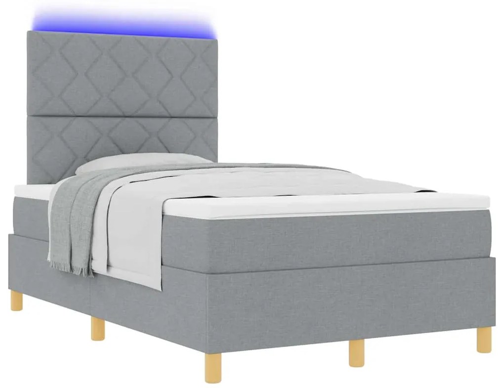 Cama Box Spring com Colchão &amp; LED Cinza Claro 120x200 cm Tecido