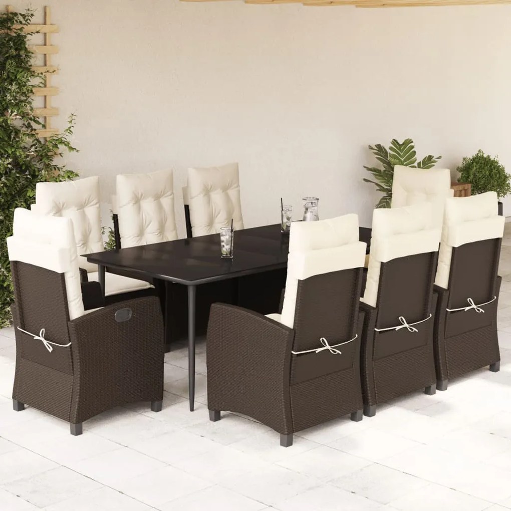 9 pcs conjunto jantar p/ jardim c/ almofadões vime PE castanho