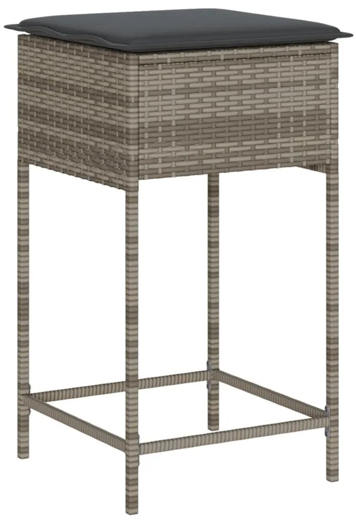 3 pcs conjunto de bar p/ jardim c/ almofadões vime PE cinzento