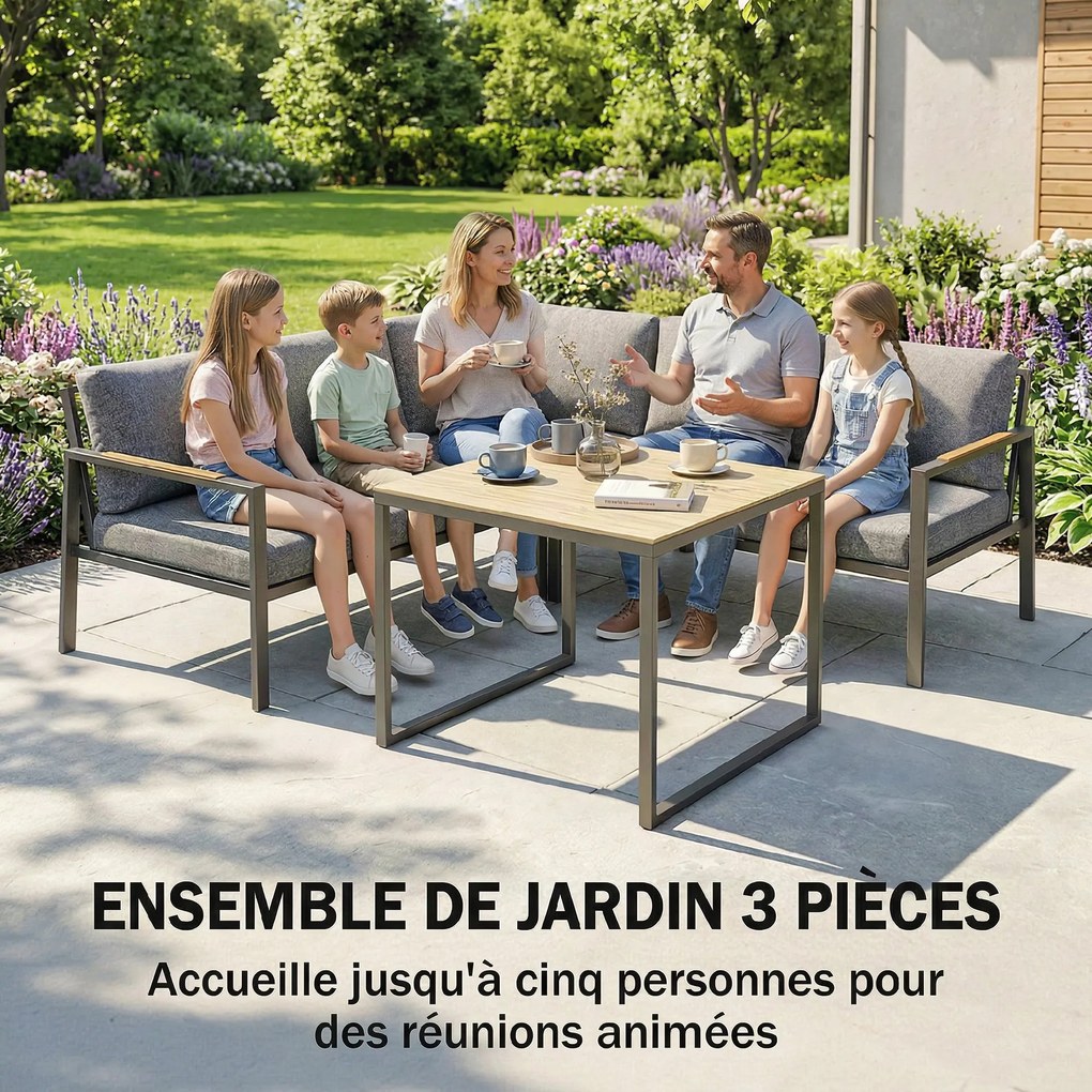 Conjunto de jardim de 3 peças para 5 pessoas, 2 sofás com almofadas grossas, 1 mesa de centro, 183 x 183 x 72 cm, cinzento escuro