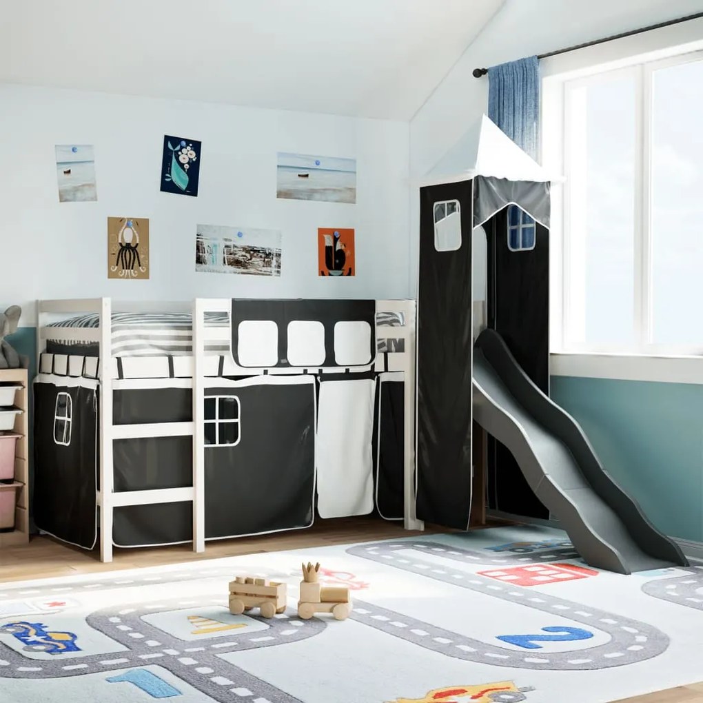 vidaXL Cama alta criança c/ torre 90x200 cm pinho maciço branco/preto