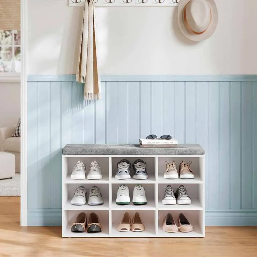 Banco spateira com almofadas e 9 compartimentos 30,3 x 78,5 x 48 cm Cinzento-branco