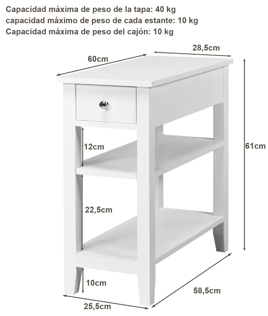 Mesa Lateral de apoio com 3 Pisos e 1 Gaveta Mesa Baixa para Sala de Estar quarto escritório 60 x 28,5 x 61cm Branca