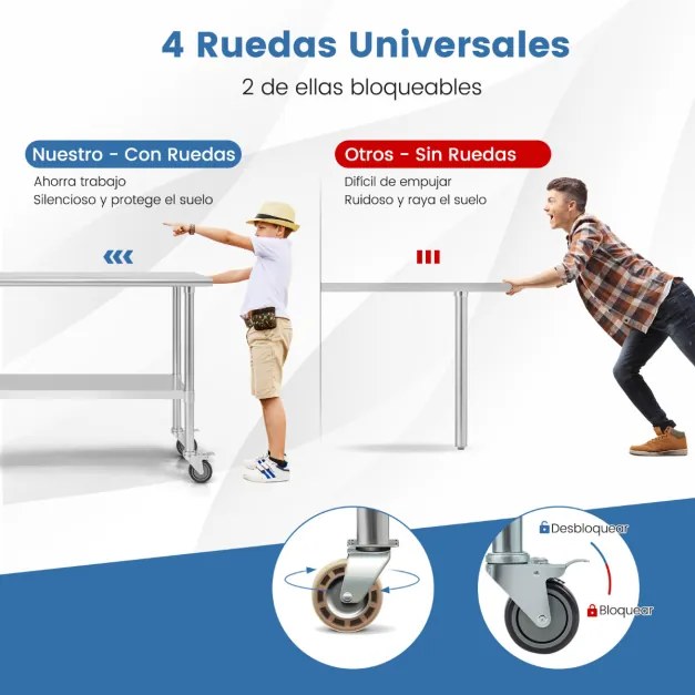 Mesa de preparação cozinha aço inoxidável com 4 rodas pernas galvanizadas prateleira ajustável para cozinha 122 x 61 x 89 cm Prateado