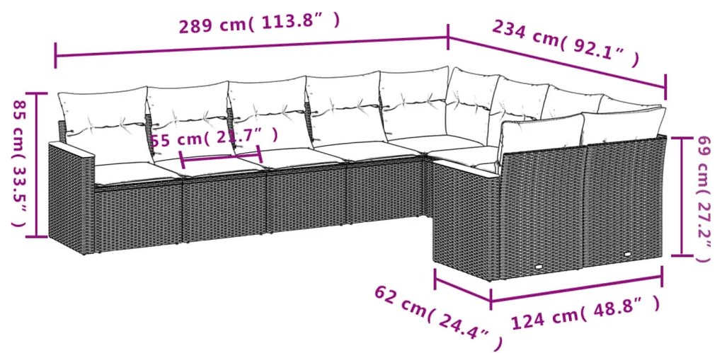 9 pcs conjunto de sofás p/ jardim c/ almofadões vime PE preto