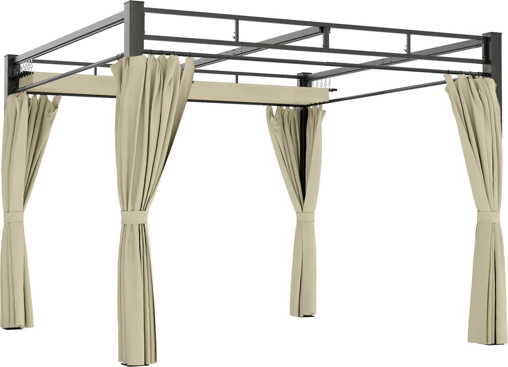Outsunny Pérgola de Jardim 295x295x221 cm com Teto Retrátil e Cortinas UPF30+ Estrutura Metálica Pérgola para Exterior Bege | Aosom Portugal