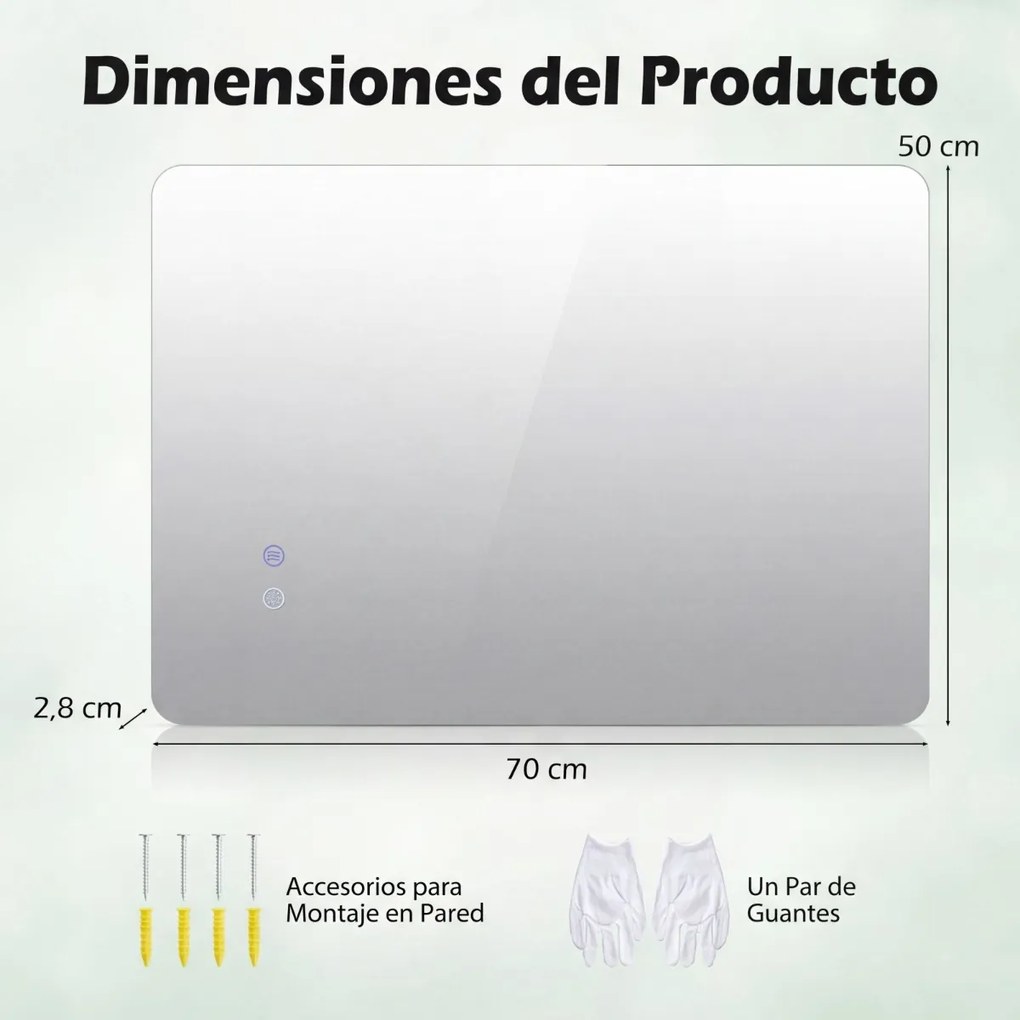 Espelho retangular de 70 x 50 cm com brilho ajustável, retroiluminado, tátil, inteligente, função de memória e design antiembaciamento Prateado