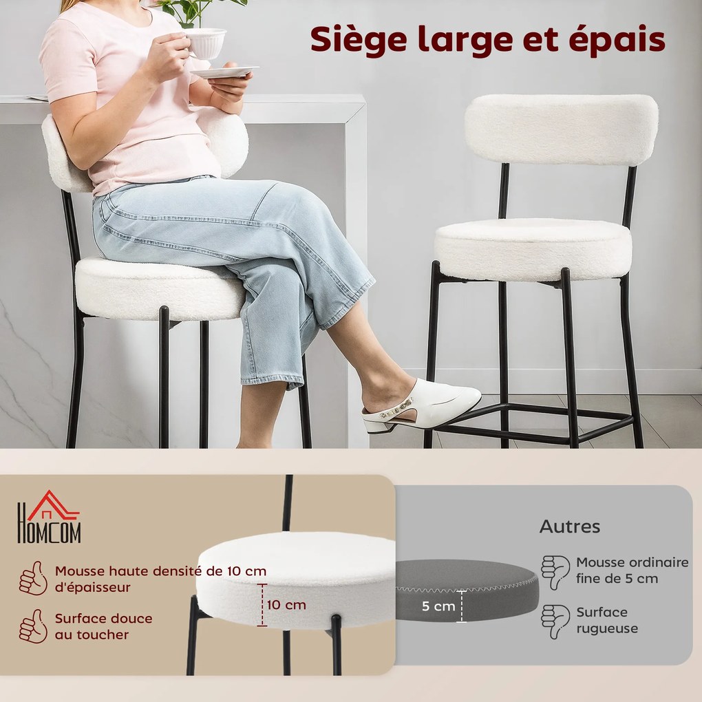 Conjunto de 2 bancos de bar em tecido felpudo, bancos de bar com encosto curvo e apoio para os pés, 49 x 52 x 95 cm, creme