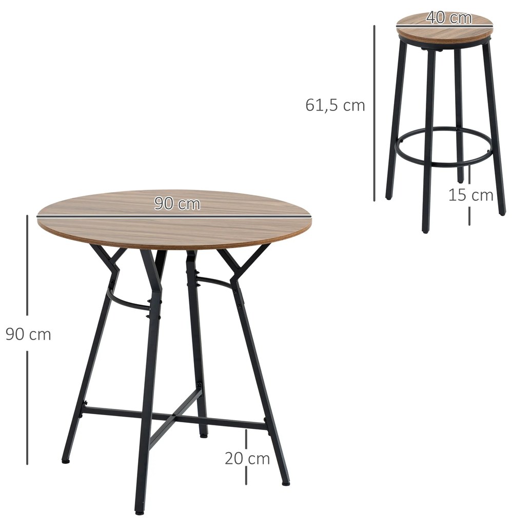 Conjunto de Mesa Alta e 2 Bancos de Bar Conjunto de Móveis de Refeição 3 Peças Estilo Industrial com Estrutura de Aço para Cozinha Sala de Estar Ø90x9