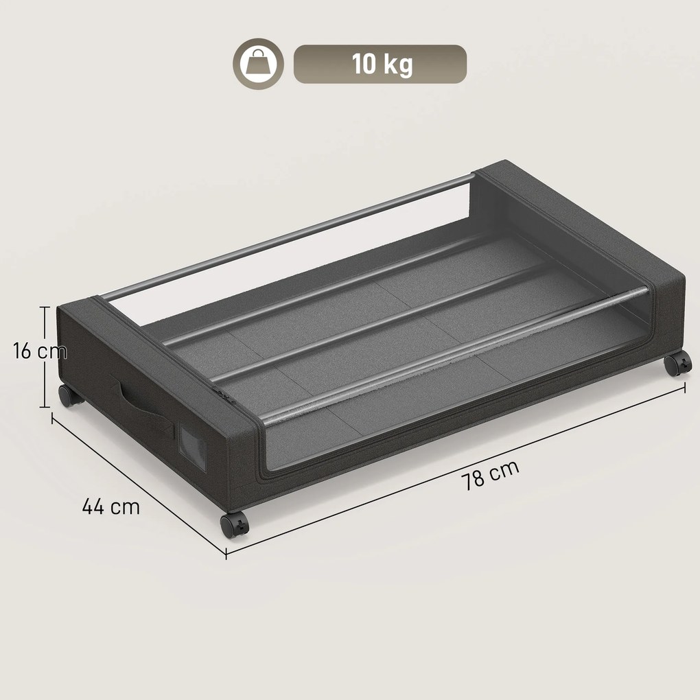 Conjunto de 2 Caixas de Arrumação Debaixo da Cama com Rodas, 78 x 44 x 16 cm, Capacidade de 40 L, Preto