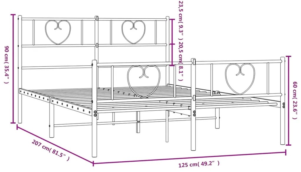 Estrutura de cama com cabeceira e pés 120x200 cm metal preto