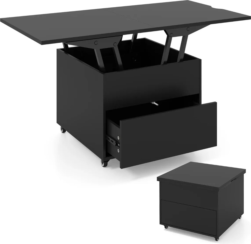 Mesa de centro elevável dobrável 3 em 1 com gaveta de armazenamento oculta e rodas bloqueáveis 360° Móvel preto
