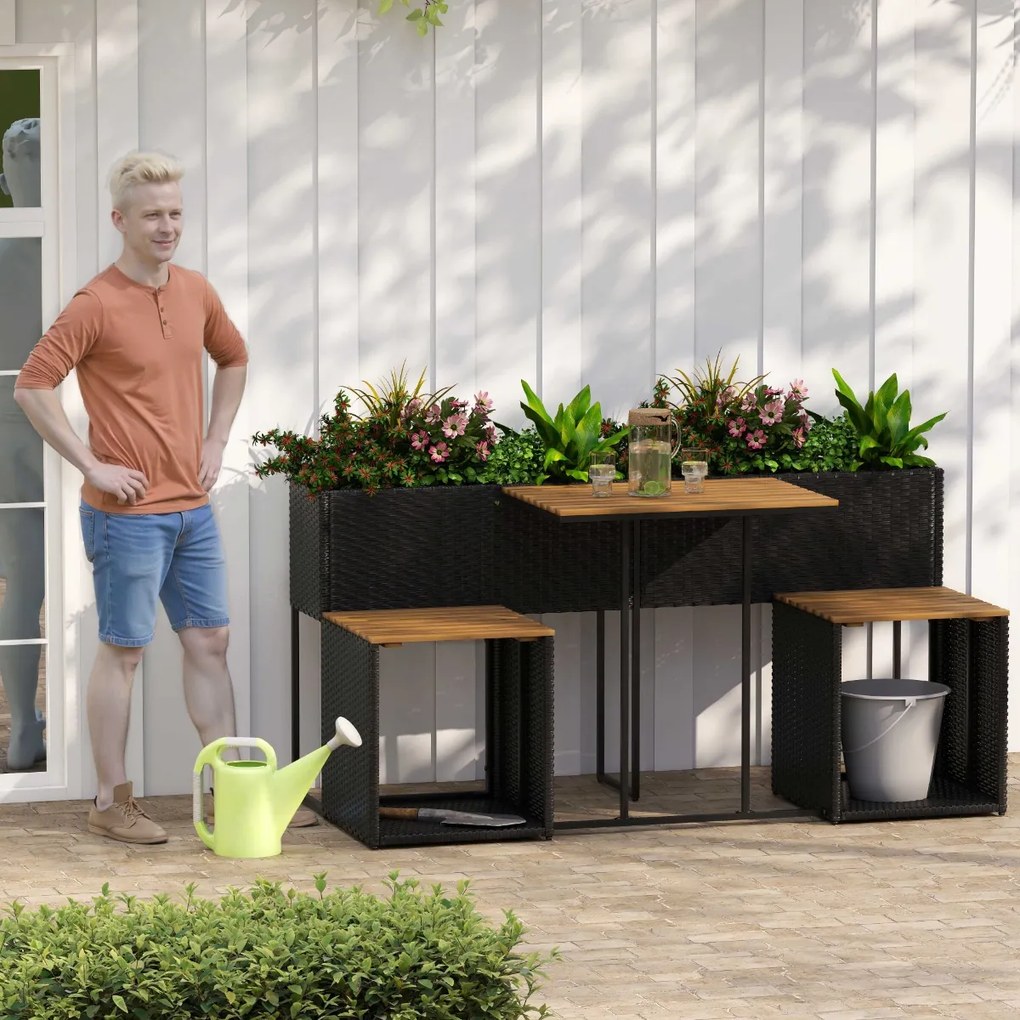 Conjunto de moveis jardim 150 x 70 x 73 cm com floreira de jardim elevada, mesa de rattan PE, cadeiras integradas e arrumação para pátio ou alpendre,