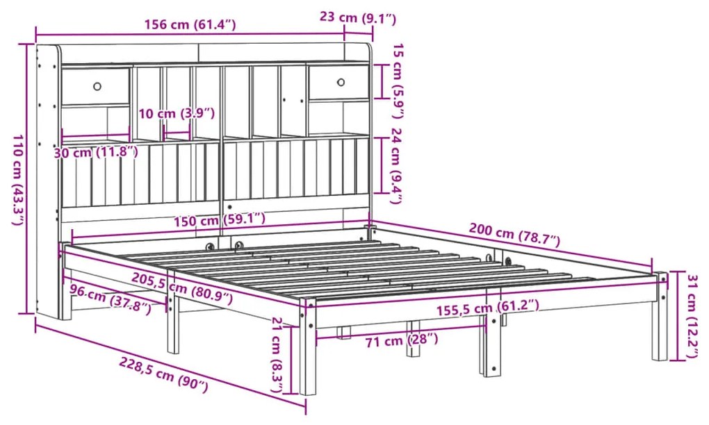 Cama com estante sem colchão 150x200 cm pinho maciço branco