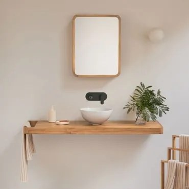 Conjunto De Móvel De Casa De Banho 130x45 Cm Suspenso Em Madeira De Teca Neill Madeira De Teca & Cerâmica Branca Redonda Ø30 Cm - Sklum