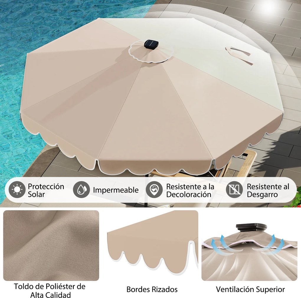 Guarda-sol de pátio de 300 cm com 24 luzes LED, parte superior ventilada, folhos e ajuste de inclinação, café
