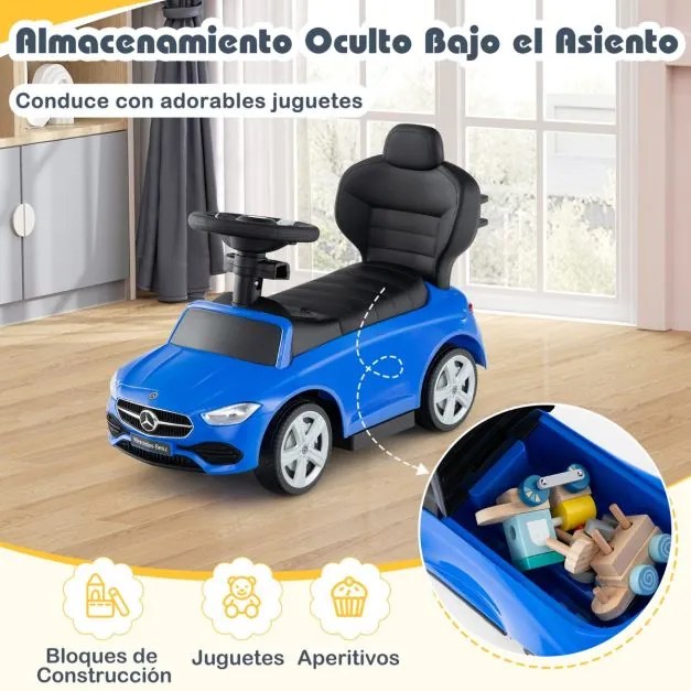 Andador Carro 3 em 1 para criança com barra de empurrar Capota ajustável Pedal e buzina para crianças de 18 a 36 meses Azul Marinho