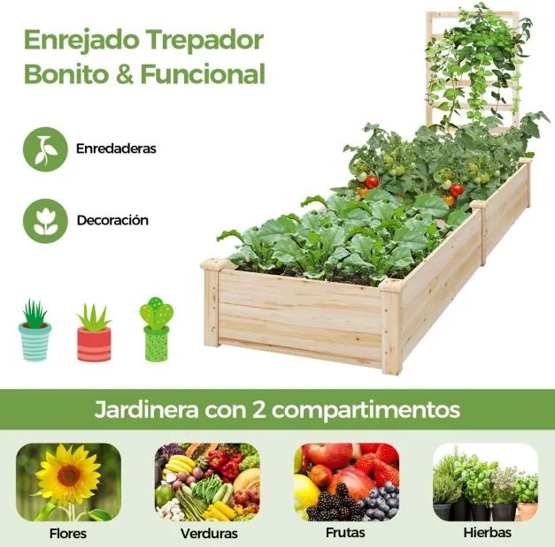 Floreira elevada jardim com 2 plantadores e treliça Kit de plantador de madeira para pátio exterior e varanda 235 x 63 x 102 cm Natural